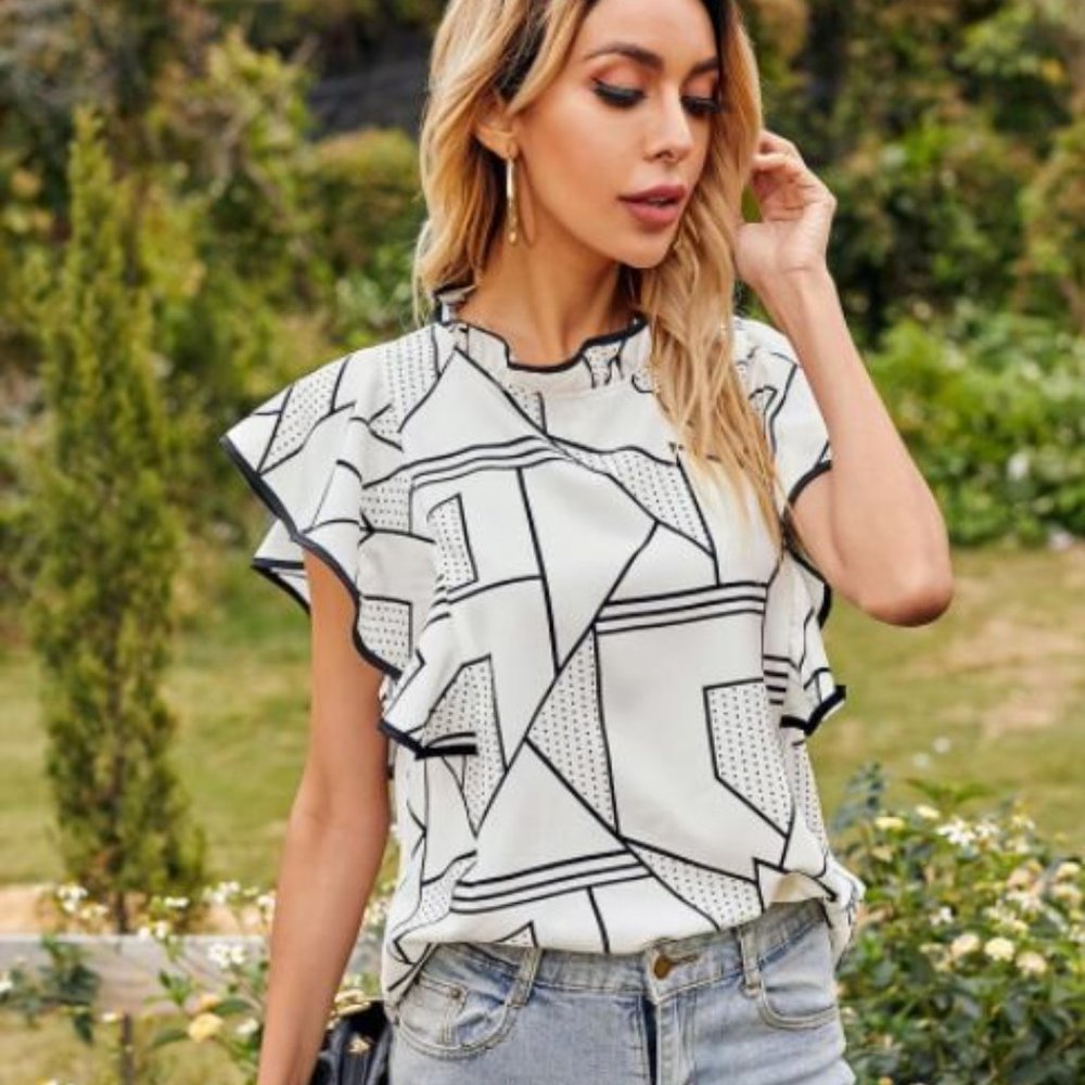 New Geometric Print Ruffle Trim Blouse - Picture 4 of 7